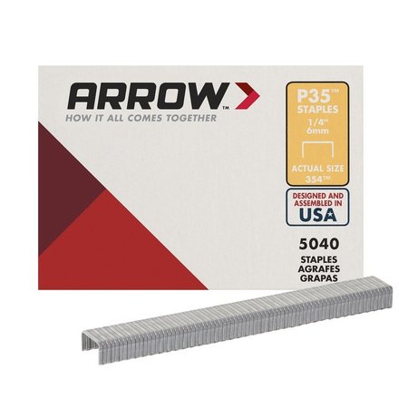 Arrow Fastener Heavy Duty Staples, P35, 25 ga, Flat Crown, 1/4 in Leg L, Steel, 5000 PK 354
